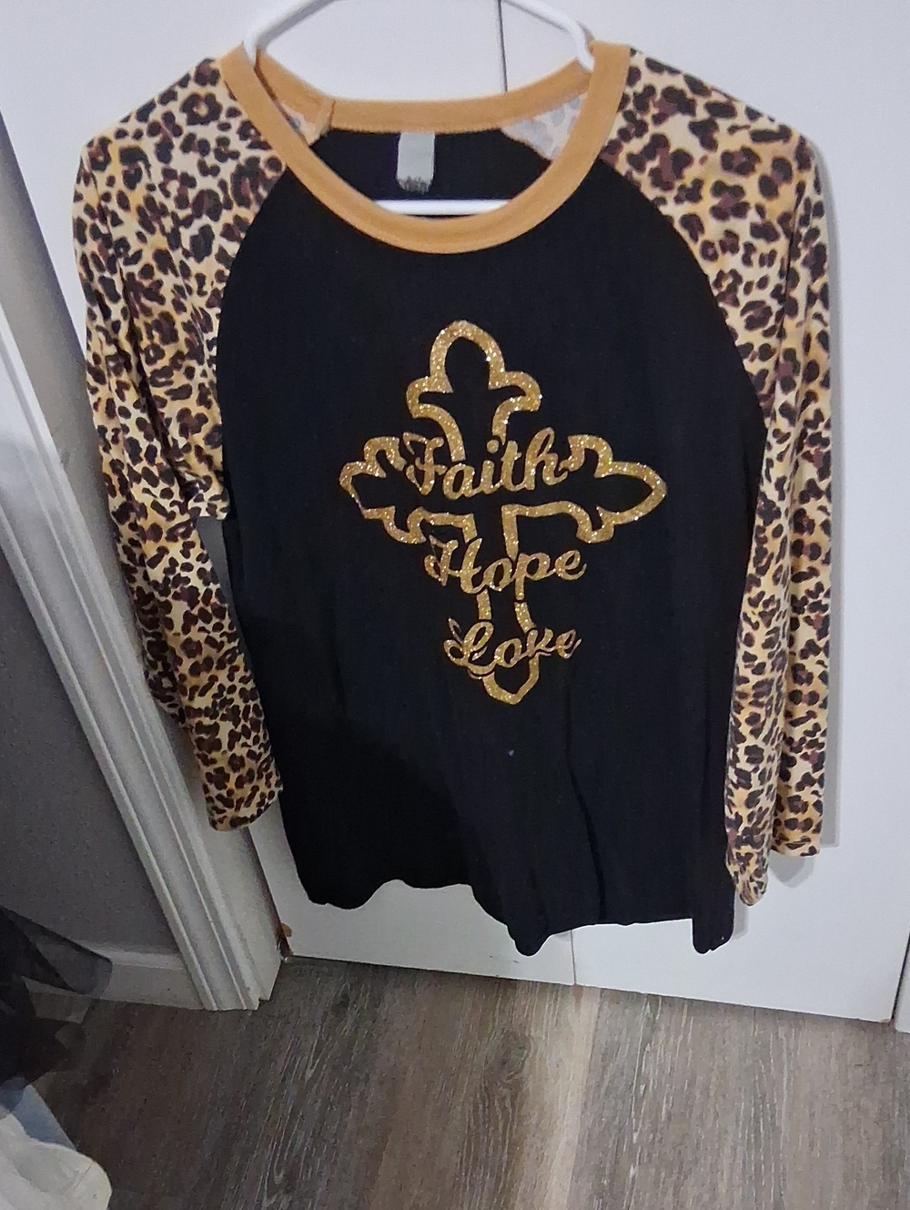 Womens Black & Leopard Raglan Top with Gold Faith Hope Love Graphic